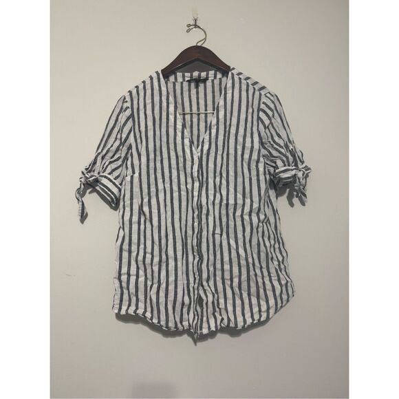 Banana Republic Top M Short Sleeve Button Up Collar Linen Blend Striped - Picture 1 of 8